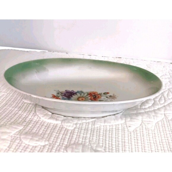 Antique G.H.O. Bavaria Lusterware Oval Dish Floral Center Green Iridescent Rim - Picture 5 of 8
